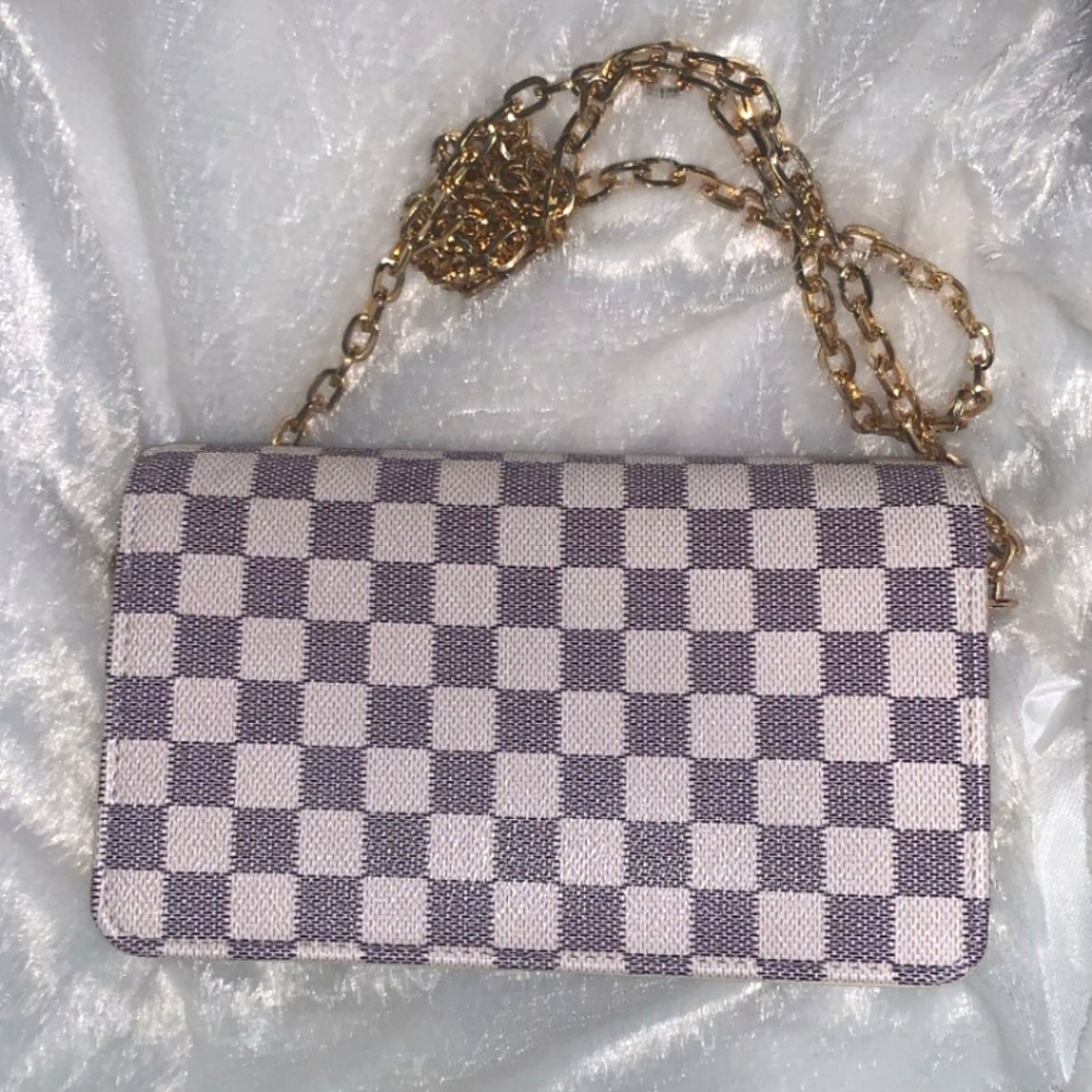 Checkered Pink and White Chain Crossbody Bag